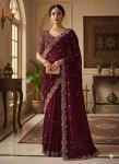 DESIGNER FENDY SATIN EMBROIDERY SEQUENCE WITH BORDER AND BUTTI WORK SAREE WITH STITCHED BLOUSE WINE