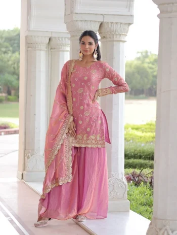 DESIGNER FENDY SEQUENCE EMBROIDERY WORK TOP PALAZZO WITH DUPATTA PINK