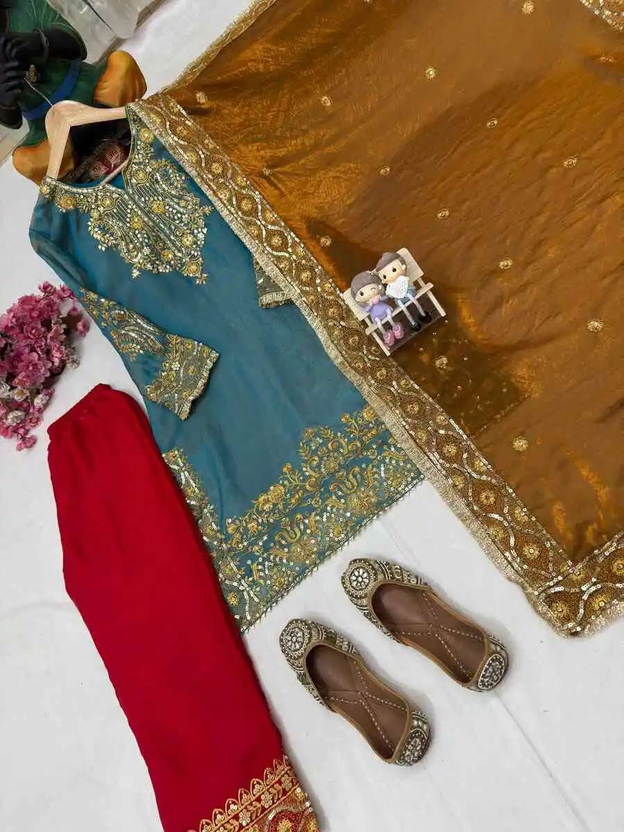 DESIGNER FENDY SILK SEQUENCE & ZARI EMBROIDERY WORK TOP BOTTOM WITH DUPATTA FESTIVE WEAR WHOLESALE PRICE ETHNIC GARMENT (1)