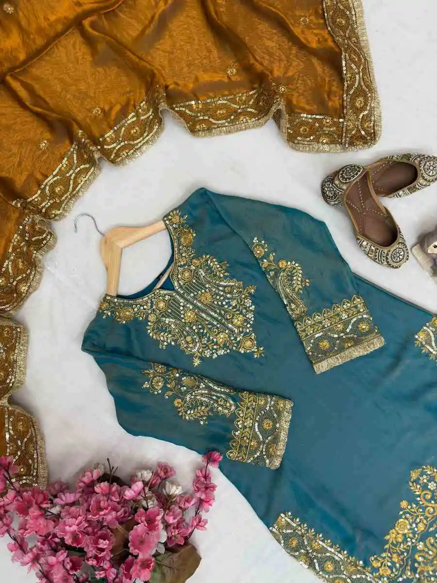 DESIGNER FENDY SILK SEQUENCE & ZARI EMBROIDERY WORK TOP BOTTOM WITH DUPATTA FESTIVE WEAR WHOLESALE PRICE ETHNIC GARMENT (9)