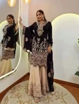 DESIGNER FRENCH CREPE SEQUENCE EMBROIDERY WORK TOP SHARARA WITH DUPATTA BLACK AND CREAM