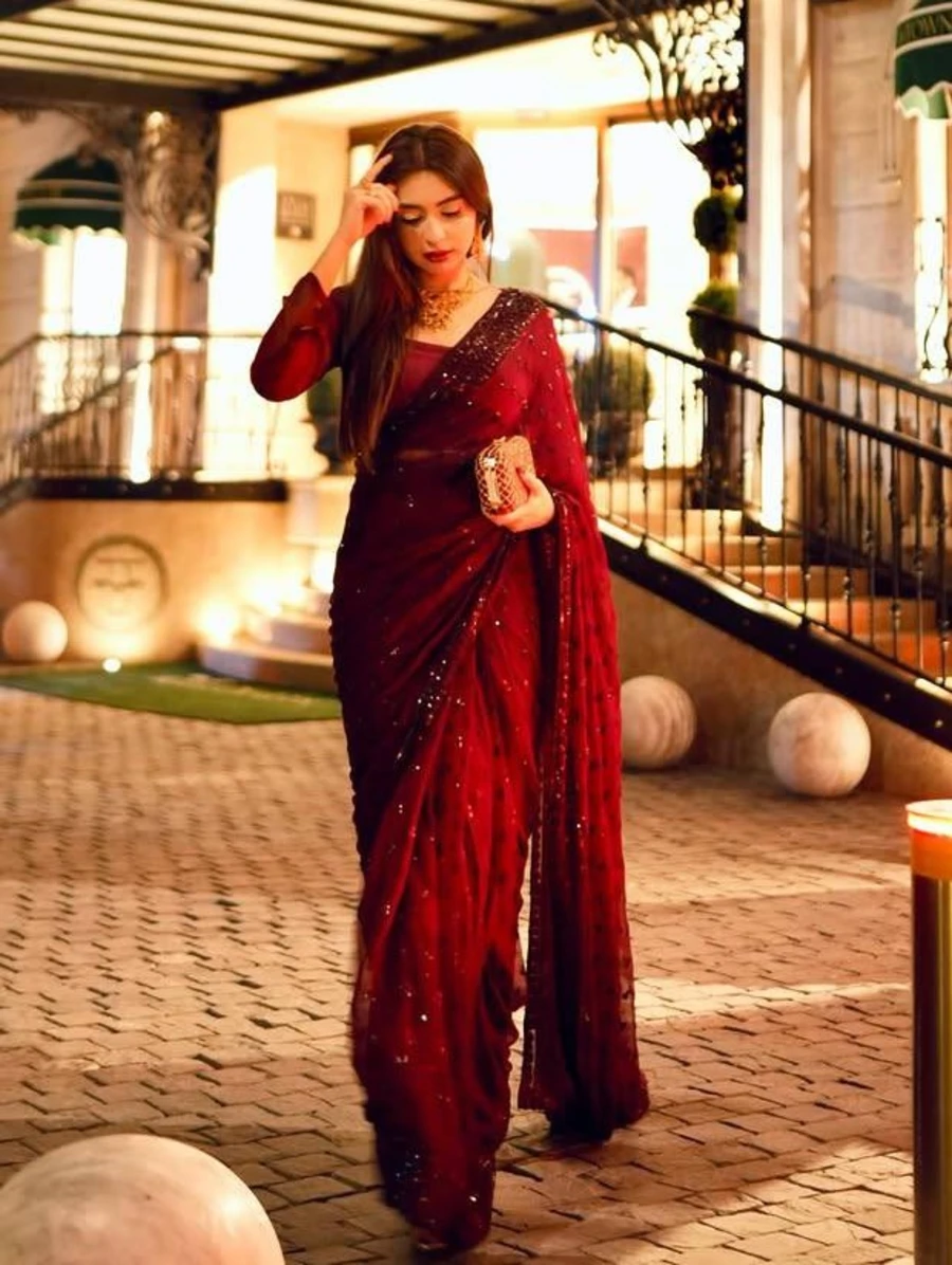 DESIGNER GEOEGETTE SEQUENCE WORK SAREE WITH UNSTITCHED BLOUSE PARTY WEAR WHOLESALE PRICE ETHNIC GARMENT (5)