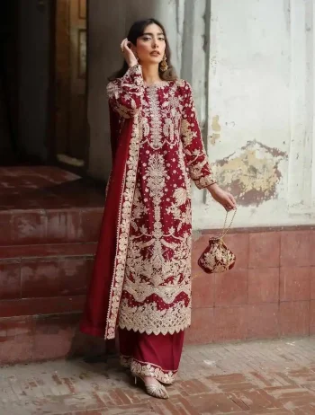 DESIGNER GEORGETTE CHAIN SEQUENCE WORK WITH MOTI WORK TOP PALAZZO WITH DUPATTA RED