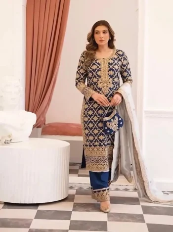 DESIGNER GEORGETTE CHAIN STITCH EMBROIDERY SEQUENCE AND BEADS WORK TOP PALAZZO WITH DUPATTA BLUE
