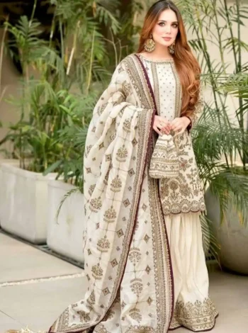 DESIGNER GEORGETTE EMBROIDERY SEQUENCE WITH RIVET MOTI WORK TOP PALAZZO WITH DUPATTA WHITE