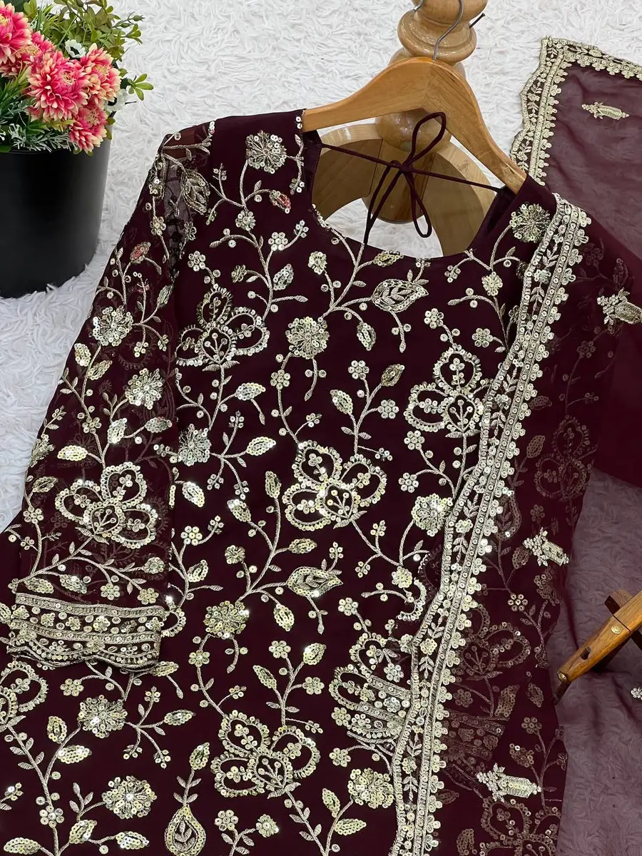 DESIGNER GEORGETTE EMBROIDERY SEQUENCE WORK TOP PALAZZO WITH DUPATTA FESTIVE WEAR WHOLESALE PRICE ETHNIC GARMENT (9)