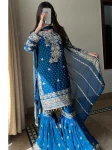 DESIGNER GEORGETTE EMBROIDERY SEQUENCE WORK  TOP SHARARA WITH DUPATTA BLUE