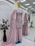 DESIGNER GEORGETTE EMBROIDERY SEQUENCE WORK WITH PEARL MOTI WORK TOP PALAZZO WITH DUPATTA BABY PINK