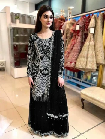 DESIGNER GEORGETTE EMBROIDERY STONE HAND WORK TOP PALAZZO WITH DUPATTA BLACK