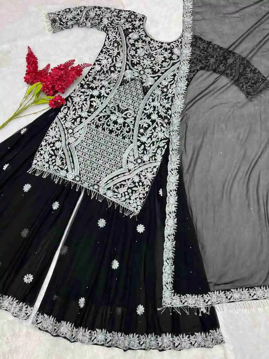 DESIGNER GEORGETTE EMBROIDERY STONE HAND WORK TOP PALAZZO WITH DUPATTA FESTIVE WEAR WHOLESALE PRICE ETHNIC GARMENT (4)