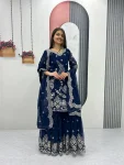 DESIGNER GEORGETTE EMBROIDERY THREAD AND SEQUENCE WORK TOP SHARARA WITH DUPATTA NAVY BLUE