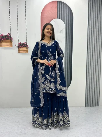 DESIGNER GEORGETTE EMBROIDERY THREAD AND SEQUENCE WORK TOP SHARARA WITH DUPATTA NAVY BLUE