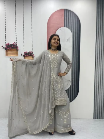 DESIGNER GEORGETTE EMBROIDERY THREAD & SEQUENCE WORK TOP PALAZZO WITH DUPATTA GREY