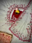 DESIGNER GEORGETTE EMBROIDERY WORK AND MULTI THREAD WITH ARCO CUT WORK BORDER WORK SAREE WITH UNSTITCHED BLOUSE OFF WHITE AND RED