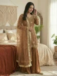 DESIGNER GEORGETTE HOT FIX JHARKAN DIAMOND WORK TOP SHARARA WITH DUPATTA BROWN