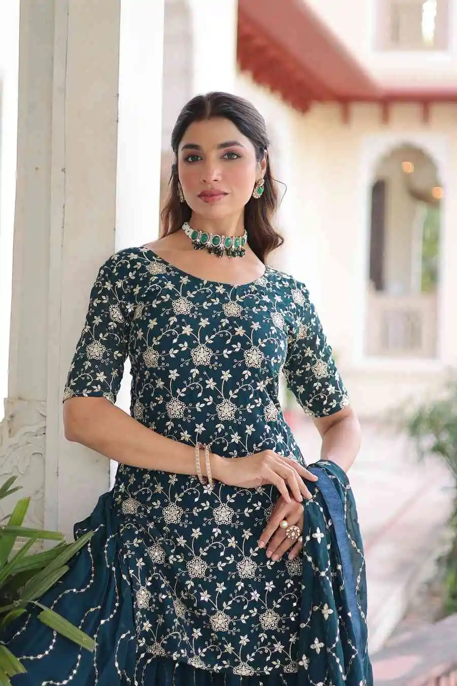 DESIGNER GEORGETTE SEQUENCE EMBROIDERY WORK TOP PALAZZO WITH DUPATTA WEDDING WEAR WHOLESALE PRICE ETHNIC GARMENT (8)