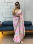 DESIGNER GEORGETTE SHIBORI PRINT WITH CODING SEQUENCE RAINBOW LACE WORK SAREE WITH UNSTITCHED BLOUSE PINK