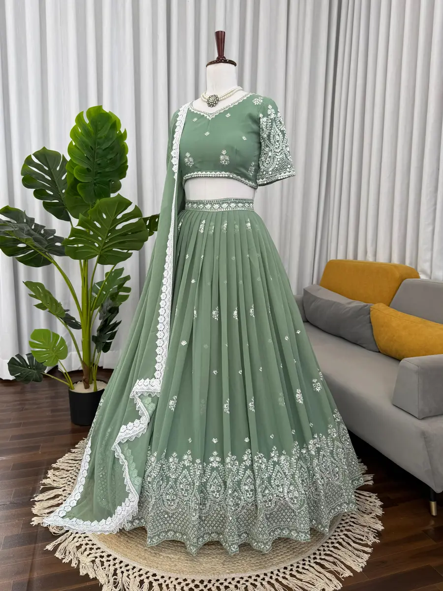 DESIGNER GEORGETTE THREAD WITH 9 MM SEQUENCE WORK LEHENGA CHOLI WITH DUPATTA WEDDING WEAR WHOLESALE PRICE ETHNIC GARMENT (3)