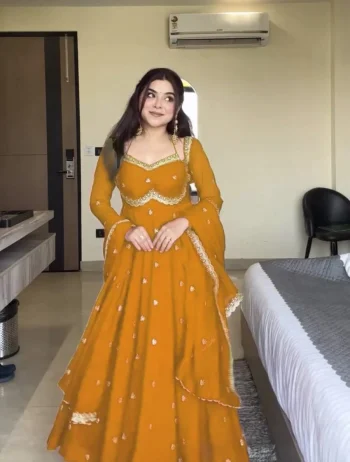 DESIGNER GEORGETTE THREAD WITH SEQUENCE WORK GOWN BOTTOM WITH DUPATTA  YELLOW