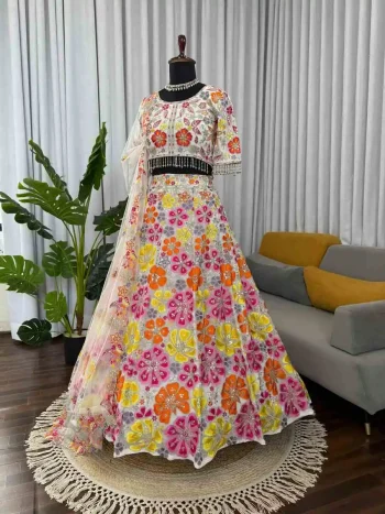 DESIGNER GEORGETTE THREAD WITH SEQUENCE WORK LEHENGA CHOLI WITH DUPATTA MULTI