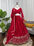 DESIGNER JAPAN SATIN THREAD WITH SEQUENCE WORK LEHENGA CHOLI WITH DUPATTA RED