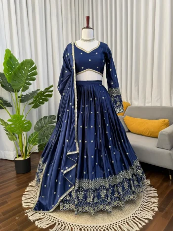 DESIGNER JAPAN SATIN THREAD WITH SEQUENCE WORK LEHENGA CHOLI WITH DUPATTA BLUE