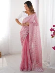 DESIGNER JIMMY CHOO CHIFFON SILK SEQUENCE WORK AND PALLU CUT WORK AND ARC CUT BORDER WORK SAREE WITH UNSTITCHED BLOUSE BABY PINK