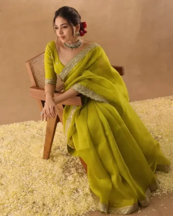 DESIGNER JIMMY CHOO SEQUENCE EMBROIDERY CUT WORK LACE BORDER WORK SAREE WITH UNSTITCHED BLOLUSE PARROT GREEN