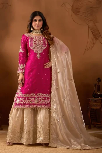DESIGNER JC SILK EMBROIDERY CODING DORI-SEQUENCE WORK WITH RIVET MOTI WORK TOP SHARARA WITH DUPATTA PINK
