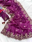 DESIGNER JIMMY CHOO SILK SEQUENCE EMBROIDERY CUT WORK LACE SAREE WITH UNSTITCHED BLOUSE WINE