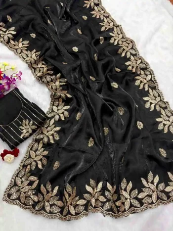 DESIGNER JIMMY CHOO SILK SEQUENCE EMBROIDERY CUT WORK LACE SAREE WITH UNSTITCHED BLOUSE BLACK