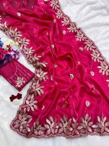 DESIGNER JIMMY CHOO SILK SEQUENCE EMBROIDERY CUT WORK LACE SAREE WITH UNSTITCHED BLOUSE RANI