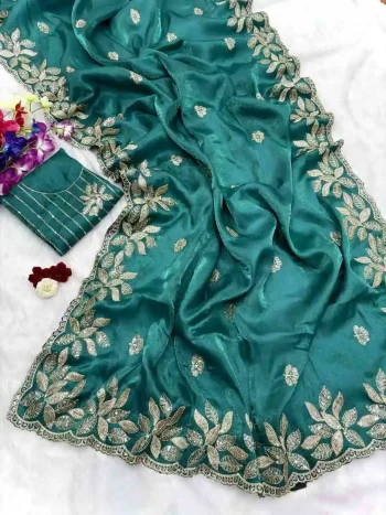 DESIGNER JIMMY CHOO SILK SEQUENCE EMBROIDERY CUT WORK LACE SAREE WITH UNSTITCHED BLOUSE RAMA