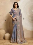DESIGNER MOSS CHIFFON EMBROIDERY CUTWORK WORK ARCO BORDER WORK SAREE WITH UNSTITCHED BLOUSE GREY
