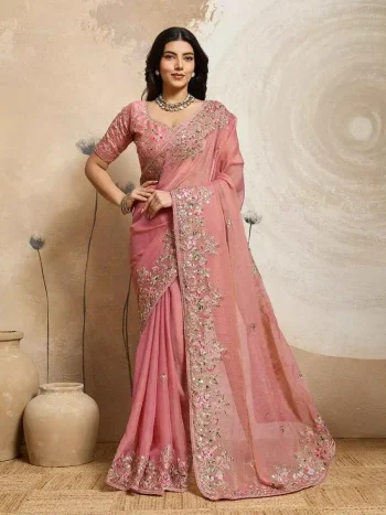 DESIGNER MOSS CHIFFON EMBROIDERY CUTWORK WORK ARCO BORDER WORK SAREE WITH UNSTITCHED BLOUSE PEACH