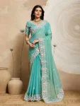 DESIGNER MOSS CHIFFON EMBROIDERY CUTWORK WORK ARCO BORDER WORK SAREE WITH UNSTITCHED BLOUSE RAMA