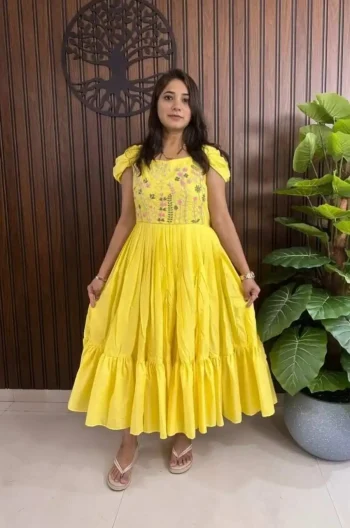 DESIGNER MUL COTTON HAND WORK ONE PIECE YELLOW