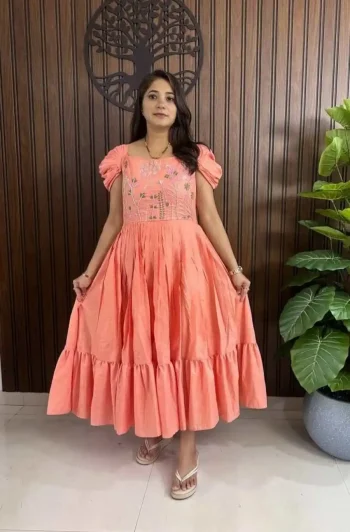 DESIGNER MUL COTTON HAND WORK ONE PIECE PEACH