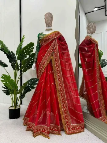 DESIGNER ORGANZA SILK EMBROIDERY SEQUENCE AND ZARI WITH READY MADE LACE BORDER WORK SAREE WITH UNSTITCHED BLOUSE RED