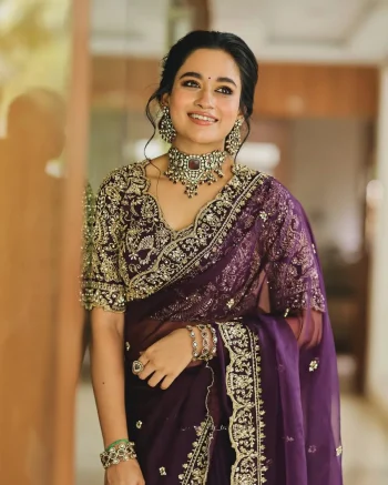 DESIGNER ORGANZA SILK EMBROIDERY ZARI THREAD, DORI & SEQUENCE WITH LACE CUT BORDER WORK SAREE WITH UNSTITCHED BLOUSE PURPLE