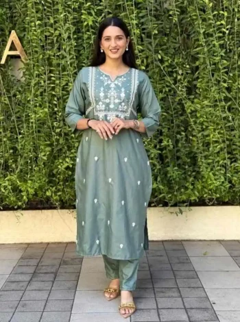 DESIGNER POLY RAYON EMBROIDERY WORK TOP PENT SET MINT