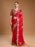 DESIGNER RANGOLI SILK JARI DORI & THREAD WITH SEQUENCE AND JARI EMBROIDERY WORK SAREE WITH UNSTITCHED BLOUSE RED