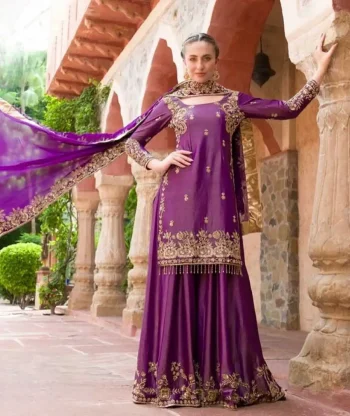 DESIGNER ROMAN SILK EMBROIDERY SEQUENCE WORK TOP PALAZZO WITH DUPATTA PURPLE