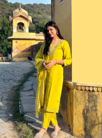 DESIGNER ROMAN SILK HANDWORK WITH SEQUENCE AND THREAD EMBROIDERY WORK TOP BOTTOM WITH DUPATTA LEMON