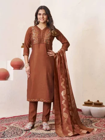 DESIGNER ROMAN SILK MULTI EMBROIDERY SEQUENCE WITH HAND WORK TOP BOTTOM WITH DUPATTA  CHIKU