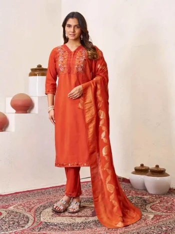 DESIGNER ROMAN SILK MULTI EMBROIDERY SEQUENCE WITH HAND WORK TOP BOTTOM WITH DUPATTA  ORANGE