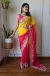 DESIGNER SHADED GEORGETTE EMBROIDERY AND SEQUENCE , THREAD BORDER WORK SAREE WITH UNSTITCHED BLOUSE RANI AND YELLOW