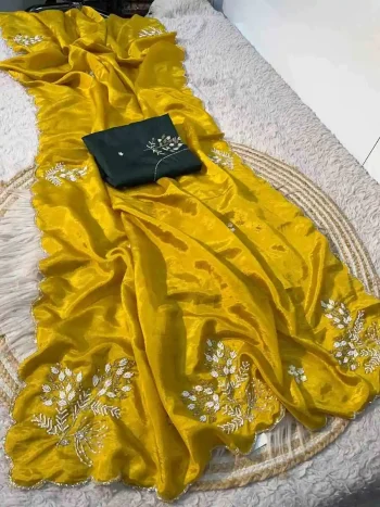 DESIGNER SILK HANDWORK CUT DANA WORK CUT BORDER WORK SAREE WITH UNSTITCHED BLOUSE YELLOW