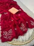 DESIGNER SILK HANDWORK CUT DANA WORK CUT BORDER WORK SAREE WITH UNSTITCHED BLOUSE RED