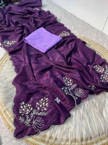DESIGNER SILK HANDWORK CUT DANA WORK CUT BORDER WORK SAREE WITH UNSTITCHED BLOUSE PURPLE